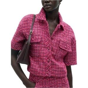 MNG Mango Tweed Short Sleeve Button Down Oversized Shirt Jacket Women SIze Small